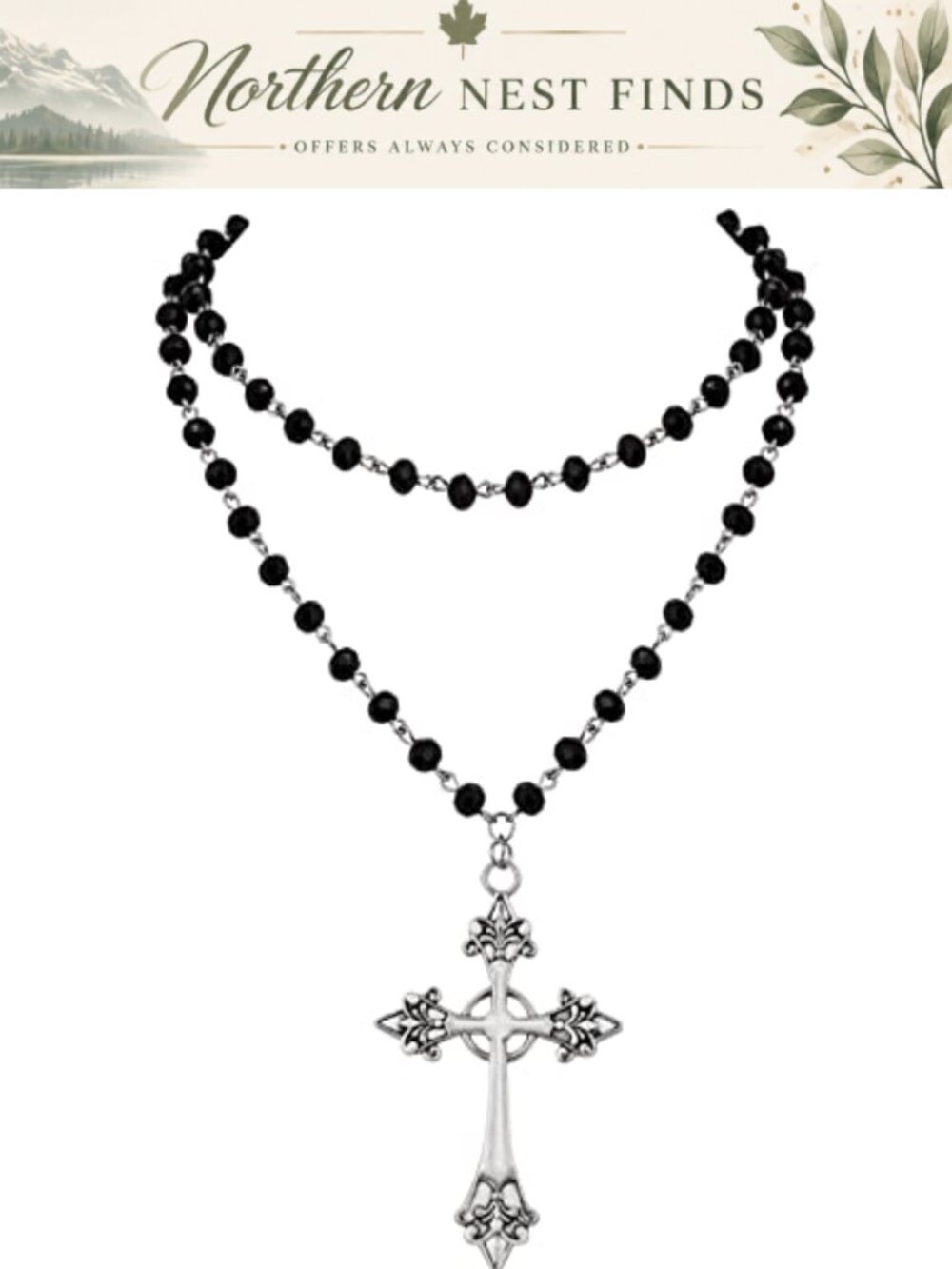 Layered Black Beaded Cross Y2K Gothic Necklace Zinc Alloy Onyx